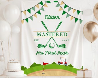 Mastered 1st Birthday Golf Banner Golf First Birthday Party Decoration Golf Hole Tapestry for Kid Birthday Part Mastered First Year Banner