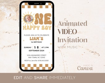Editable One Happy Boy First Birthday Invitation Template Baby Boy Phone Invite 1st Birthday Evite Boho Sun 1st Birthday Invite Mobile Video