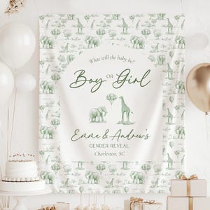 Custom He or She Reveal Gender Reveal Backdrop Sage Green Gender Reveal Giant Backdrop Neutral Baby Shower Tapestry Toile Safari Backdrop