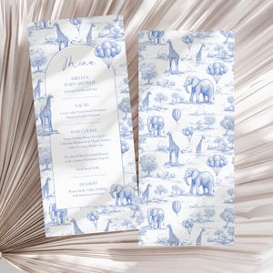Modèle de menu pour baby shower en toile bleue Safari baby shower pour brunch Carte de menu pour baby shower élégante en toile de Jouy Modèle imprimable pour baby shower
