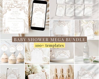 Beige Toile Baby Shower Bundle Neutral Baby Shower Decor Elegant Chinoiserie Safari Gender Reveal Editable Canva Template