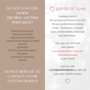 May include: A promotional graphic with text on a beige background. The left side lists printable products like invitations and welcome signs. The right side recommends "Prints of Love" for printing needs, with a website link and discount code.