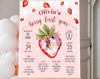 Editable Berry First Year Milestone Board Template Strawberry 1st Birthday Party Sign Baby First Birthday Milestone Poster 1st Birthday Sign