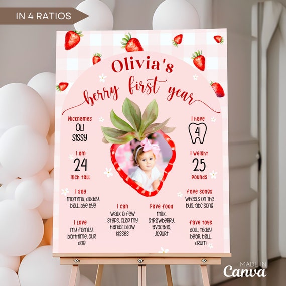Editable Berry First Year Milestone Board Template Strawberry 1st Birthday Party Sign Baby First Birthday Milestone Poster 1st Birthday Sign