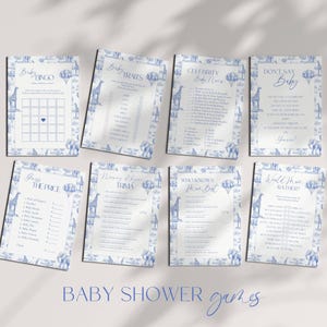 Blauwe Toile Babyshower Game Bundel Chinoiserie Babyshower Spel Sjabloon Bewerkbare Canva Babyshower Party Game Grappige Babyshower Game Set