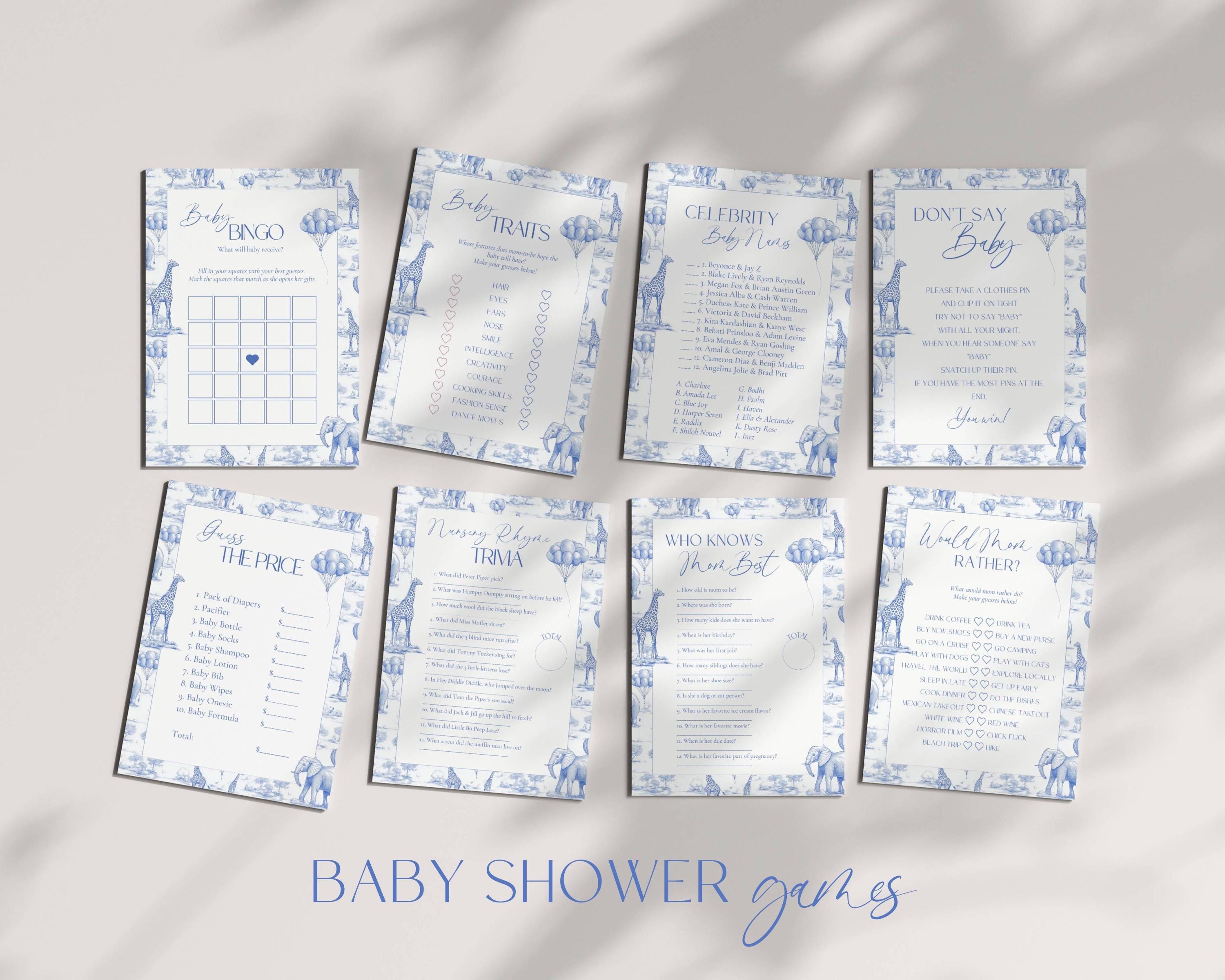 Blue Toile Baby Shower Game Bundle Chinoiserie Baby Shower Game Template Editable Canva Baby Shower Party Game Funny Baby Shower Game Set