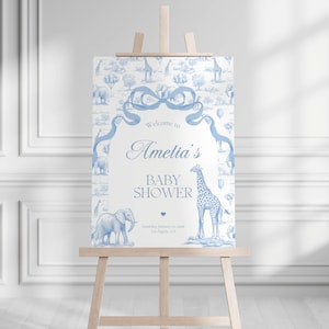 Blue Toile Baby Shower Welcome Sign Chinoiserie Boy Baby Shower Welcome Sign Editable Template Canva Welcome Sign Toile Baby Shower Decor image 1
