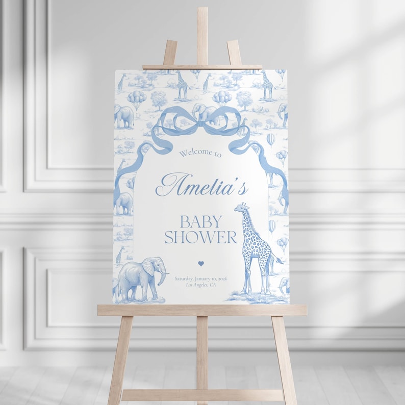 Blue Toile Baby Shower Welcome Sign Chinoiserie Boy Baby Shower Welcome Sign Editable Template Canva Welcome Sign Toile Baby Shower Decor image 1