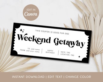 Weekend Getaway Gift Coupon Editable Weekend Together Gift Idea for Working Mom Voucher Birthday Gift Certificate Wife Anniversary Gift Idea