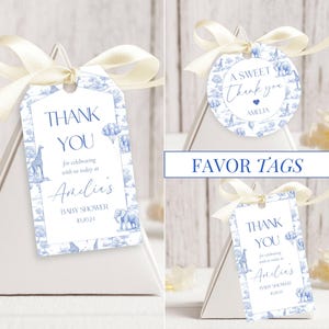 Blue Toile Safari Favor Tag Baby Shower Circle Favor Tag Editable Template Rectangle Chinoiserie Favor Tag Printable Shower Party Gift Tag