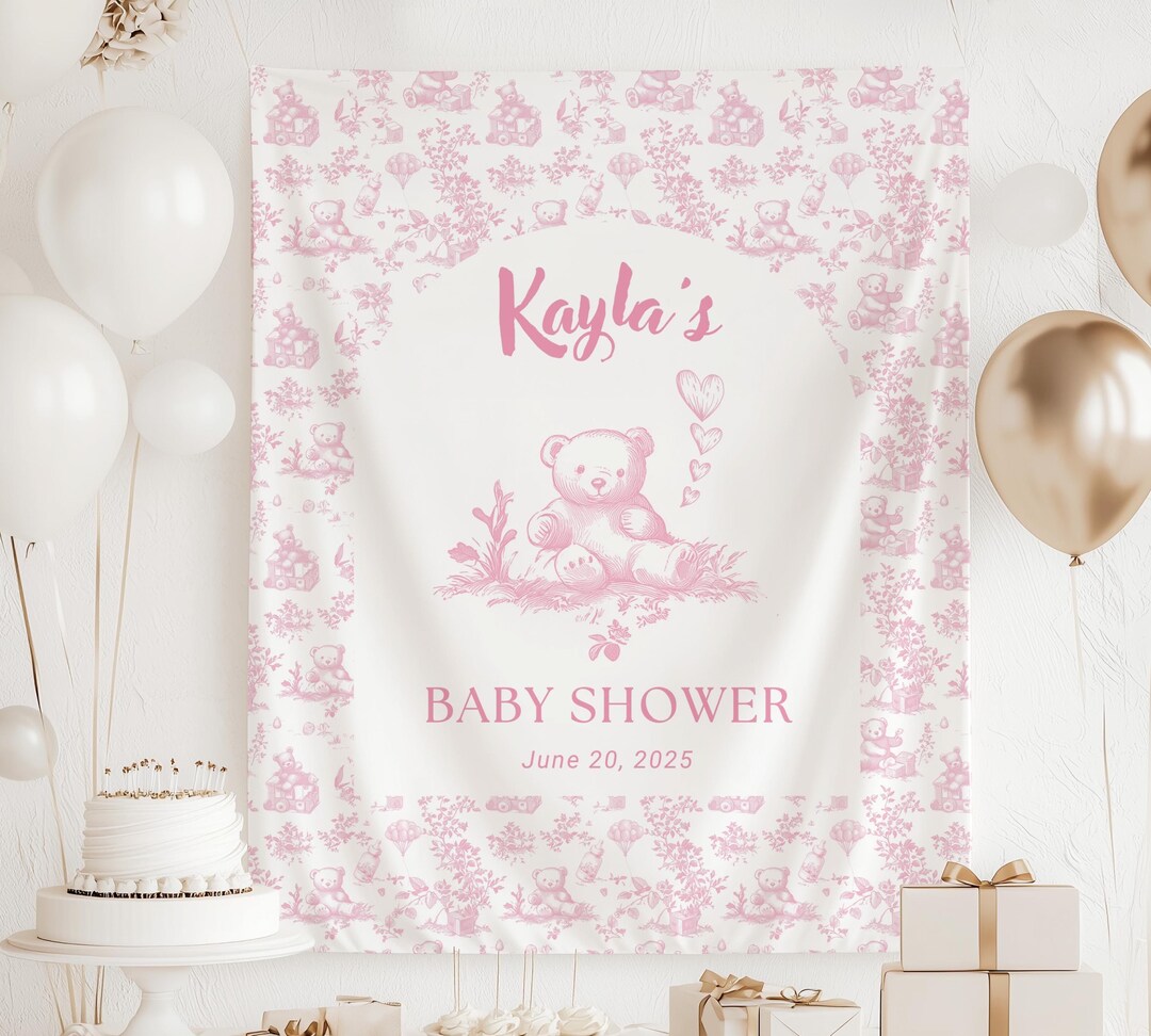 Round Its A Girl Bear Pink Baby Shower Backdrop