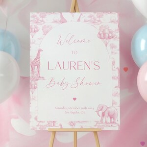 Pink Safari Welcome Sign Toile Animal Pink Baby Shower Sign Elegant Baby Girl Baby Shower Decor Editable Template Pink Shower Banner Balloon