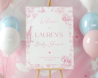Pink Safari Welcome Sign Toile Animal Pink Baby Shower Sign Elegant Baby Girl Baby Shower Decor Editable Template Pink Shower Banner Balloon