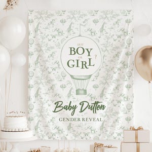 Whimsical Gender Reveal Banner Hot Air Balloon Print Custom Boho Baby Shower Backdrop Green Tapestry Butterfly Toile Green Elephant Backdrop