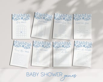 Baby Boy Shower Game Bundle Dusty Blue Bow Baby Sprinkle Game Set Editable Canva Template Summer Floral Shower Party Game Flower Theme Games