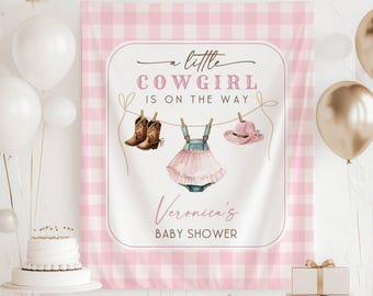 Little Cowgirl Baby Shower Backdrop | Western Clothesline Pink Banner | Personalized Girl Party Decor