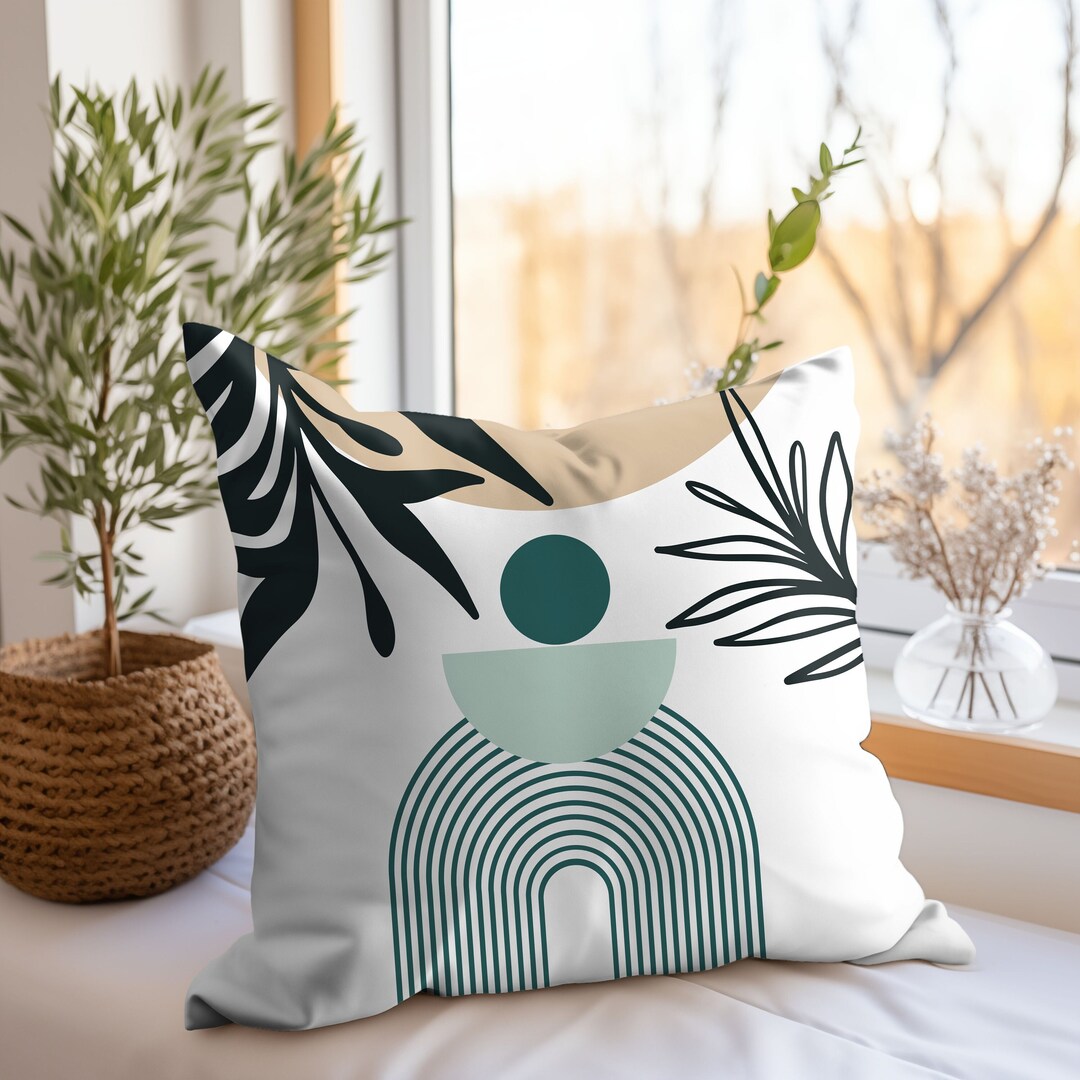 Dark Green Leaf Pillow Boho Green Throw Pillow Nature Inspired Home Decor Black Line Leaf Boho
