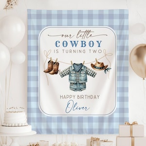 Banner de segundo cumpleaños de pequeño vaquero Fondo de fotos de cumpleaños de vaquero azul Primer cumpleaños de rodeo Cumpleaños del salvaje oeste de vaquero El vaquero cumple un año