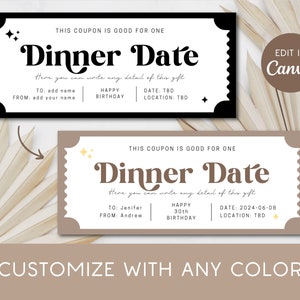 May include: A printable gift certificate template for a dinner date. The template is in a brown and white color scheme with a whimsical font. The text reads "This coupon is good for one Dinner Date. Here you can write any detail of this gift. To: Jenifer From: Andrew Happy 30th Birthday Date: 2024-06-08 Location: TBD".
