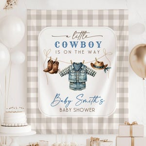 Sfondo per baby shower "Little Cowboy", striscione per baby shower "Little Cowboy is On Way", cartello di benvenuto "Little Cowboy is On Way", decorazione per stendibiancheria "Little Cowboy Blue"