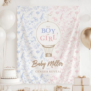 Boy or Girl Backdrop Custom Blue Pink Gender Reveal Tapestry Pastel Gender Reveal Backdrop Personalized Baby Shower Backdrop Hot Air Balloon