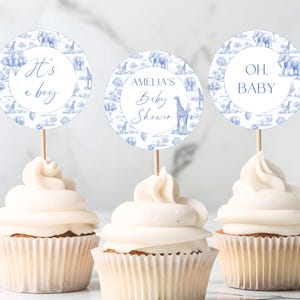 Blauwe toile babyshower cupcake topper afdrukbare sjabloon blauwe toile cake dessertdecor Oh Boy cupcake bewerkbare Oh Boy decoratie blauwe douche
