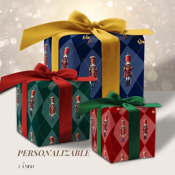Plaid Festive Wrapping Paper Personalized Nutcracker Gift Wrap
