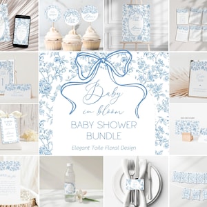 Blue Floral Toile Baby Shower Bundle Baby Boy in Bloom Shower Decor Luxury Flower Baby Shower Editable Template Canva Shower Printable Set