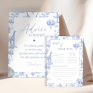 Tarjeta elegante y minimalista de consejos para baby shower en azul, letrero moderno de consejos para bebés, plantilla imprimible de consejos de animales en azul toile para nuevos padres