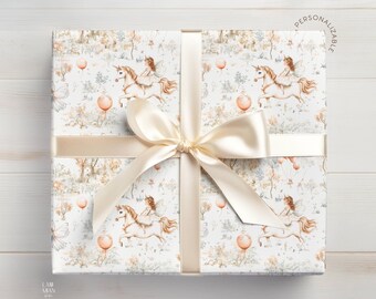 Custom Neutral Unicorn Wrapping paper Beige Gift Wrap Neutral Gift Wrap 3rd Birthday Wrapping Paper Roll with Name Birthday Party Wrap Fairy