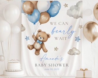 Teddy Bear Welcome Sign We Can Bearly Wait Baby Shower Photo Banner Bear Ballon Baby Boy Shower Decor Blue We Can Bearly Wait Backdrop Bear