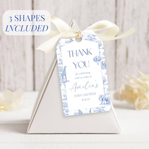 Baby Shower Favor Tag Printable Canva Template Blue Toile Baby Shower Favor Tag Circle Safari Baby Shower Thank You Label Minimalist Tag