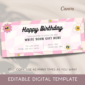 Groovy Feliz Cumpleaños Cupón Regalo para su Cupón Cumpleaños Cupón Digital Cupón Retro Personalizado Boleto de Feliz Cumpleaños Plantilla Canva editable