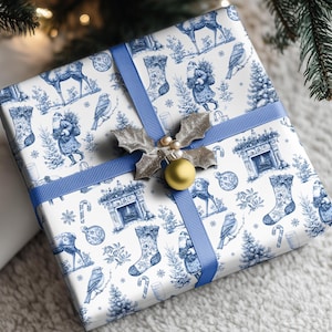 Elegant Christmas Toile Wrapping Paper Vintage Toile Gift Wrapping Paper Roll Luxury Christmas Gift Wrap Christmas Toile Present Wrap Blue