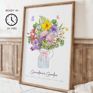 Custom Grandma Garden Print Birth Flower Bouquet Birth Month Grandchildren Floral Print Personalized Sentimental Gift Mother Day Grandma