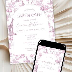 May include: Pink and white baby shower invitation with a toile de jouy pattern featuring giraffes, elephants, and balloons. The invitation reads "Please join us for a Baby Shower honoring mom-to-be Lauren Gallman" and includes the date, time, and location of the event.