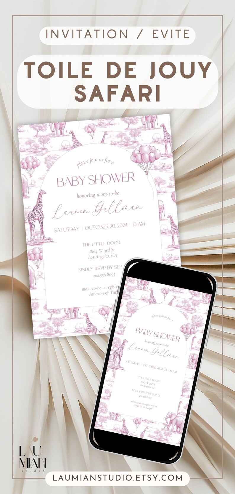 May include: Pink and white baby shower invitation with a toile de jouy pattern featuring giraffes, elephants, and balloons. The invitation reads "Please join us for a Baby Shower honoring mom-to-be Lauren Gallman" and includes the date, time, and location of the event.