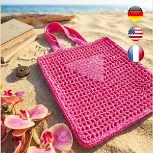 May include: A bright pink crochet tote bag featuring an open-work grid pattern and two matching handles. The bag has a square shape and is constructed from yarn with a visible texture, showcasing a consistent stitch throughout the entire design.