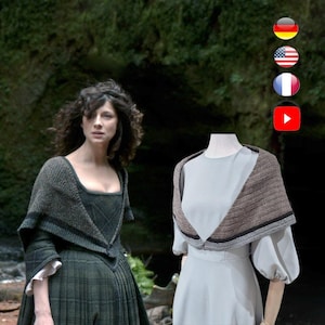 Puede incluir: Una mujer con un vestido y chal de color verde oscuro está de pie cerca de un maniquí con un vestido azul claro y un chal marrón. Los chales tienen un detalle de rayas oscuras. El fondo es oscuro y natural.