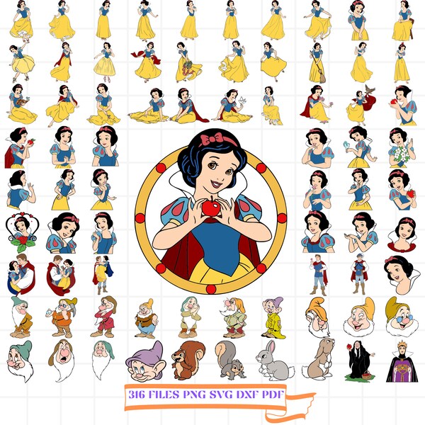 Lot de Svg blanche neige, Svg de blanche neige, fête de Blanche-Neige, anniversaire de Blanche neige, blanche neige Png, cadeau blanche neige, Clipart Cricut, Svg Png Dxf