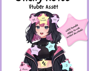 May include: A digital illustration of a cartoon character wearing a black jacket with pink accents and a black crop top. The character has pink and black hair and is wearing a variety of colorful sticky notes with text on them, including "gg", "ad break", "222", "dum", "thirsty", "afk", and ":3". The image also includes text that says "x200 bundle ready to use. instant download."
