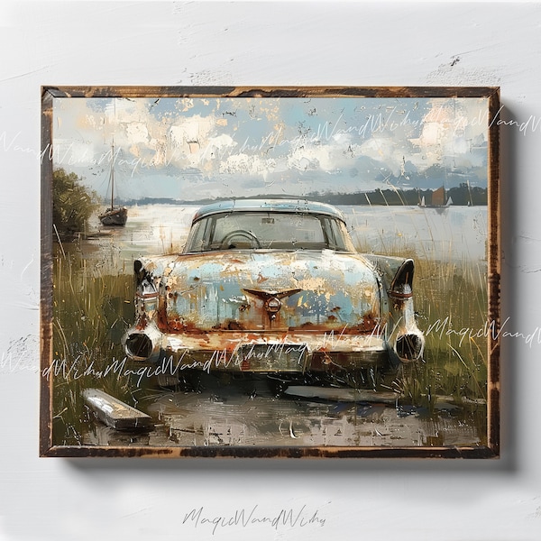 Coastal Landscape with Rusty Vintage Car and Boat at sea Digital Download Rustic Wall Art Oil Painting Vintage Art Antique Seascape