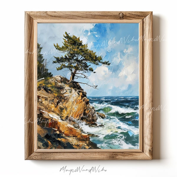 Rocky Shore With Pine Tree Digital Download Vintage Coastal Landscape Painting Atlantic Ocean Island Pine Tree Printable Art