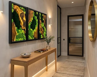 Arte de pared de madera de olivo y musgo preservado, decoración de borde natural, conjunto inspirado en la naturaleza