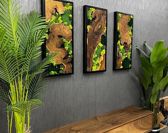 Handcrafted Moss Wall Art Set, Olive Wood Black Frame, Modern Rustic Decor