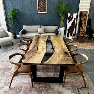 Custom Walnut Wood Epoxy Dining Table, Made to Order Resin Table, transparent epoxy Room Table, Handcrafted Epoxy and Wood Furniture