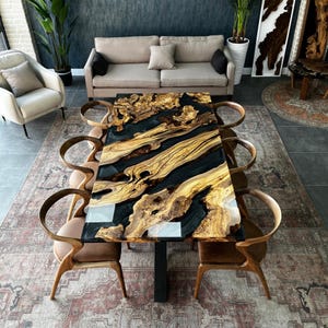 unique olive wood table, Resin Dining Table, Epoxy Table Top, Live Edge Epoxy Wood Table for Living Room