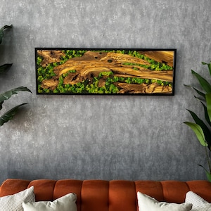 Einzigartige Design-Moos-Wandkunst, handgefertigte Olivenholz- und konservierte Moos-Wandkunst, kundenspezifische hölzerne Wandkunst, rustikale Holzmoos-Wandverkleidung
