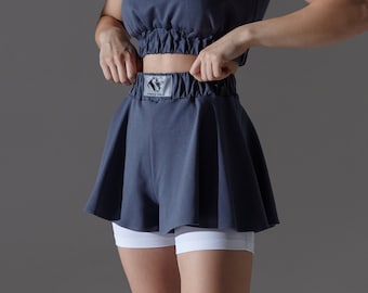 Double Layer Sport Shorts – Blue Cotton Blend Skirt Overlay