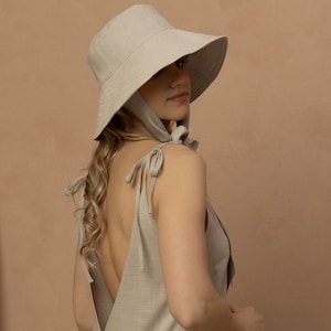 Linen Sun Hat with Ties | Wide Brim Summer Hat | Floppy Beach Hat | Women&#39;s Sun Protection Hat | Lightweight Linen Bucket hat | CÉLESTE HAT